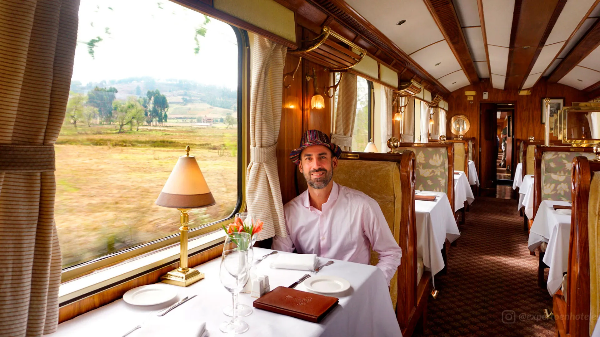 Elegant train cabin with large windows in the Sacred Valley