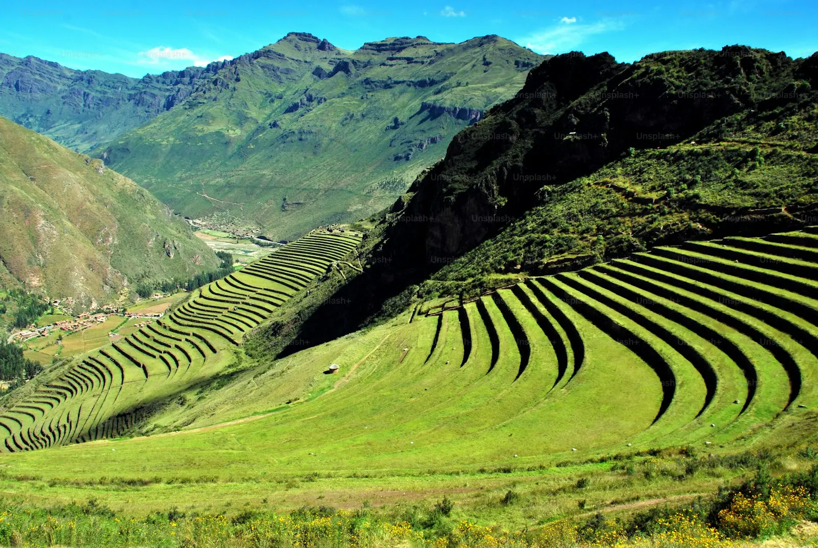 Pisac market Cusco and ancient terraces, Sacred Valley Peru
